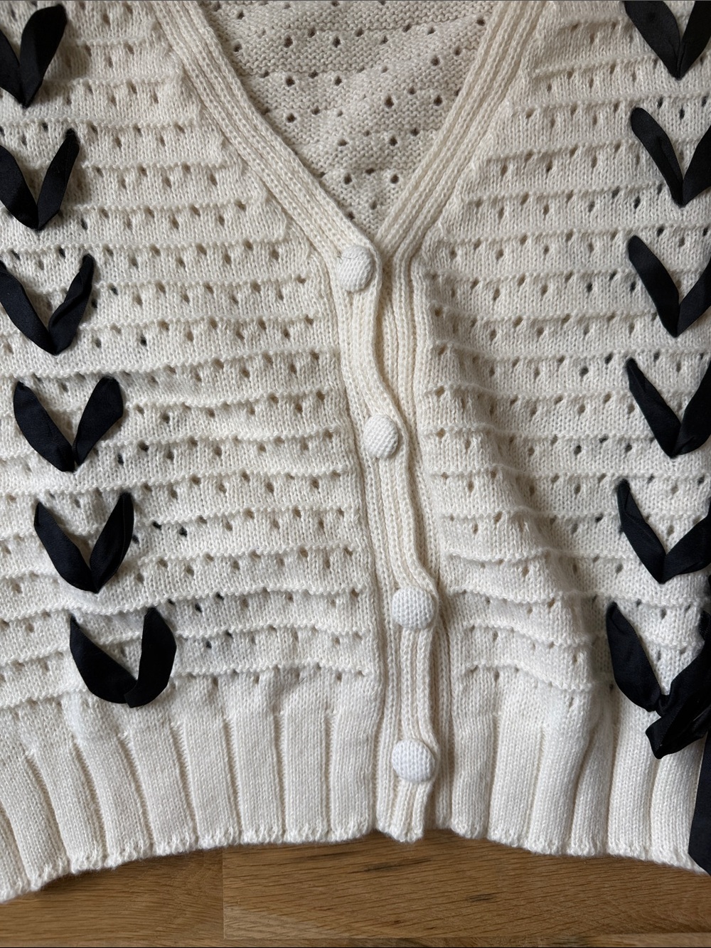 Cream Knit Button-Front Cardigan with Black Ribbon Detail - Picture 3 of 5
